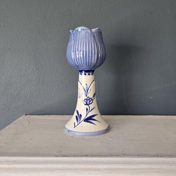 Delft Blue Tulip Candleholder Vintage Floral Dutch Blue & White Porcelain China - Picture 1 of 10
